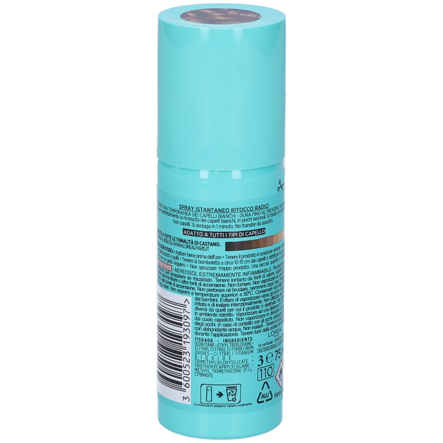 Spray L'Oréal Paris Ritocco Perfetto. Flacone turchese. Retro con testo e ingredienti. 75 ml.