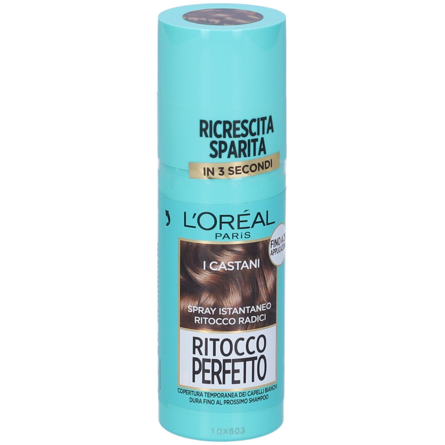 Spray L'Oréal Paris Ritocco Perfetto. Flacone turchese con indicazione castano. Testo: Ricrescita Sparita, I Castani.