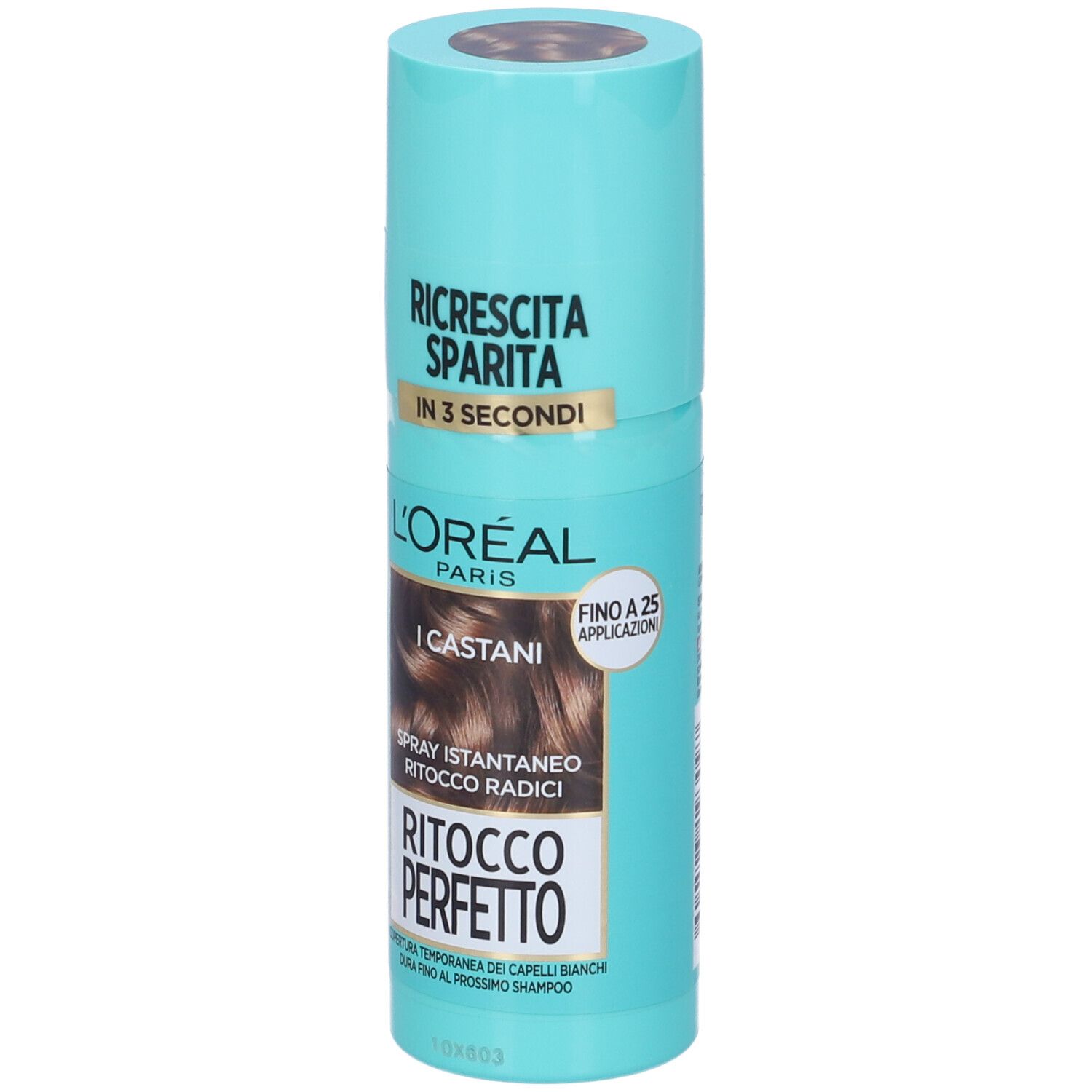 Spray L'Oréal Paris Ritocco Perfetto. Flacone turchese con indicazione castano. Testo: Ricrescita Sparita, I Castani.