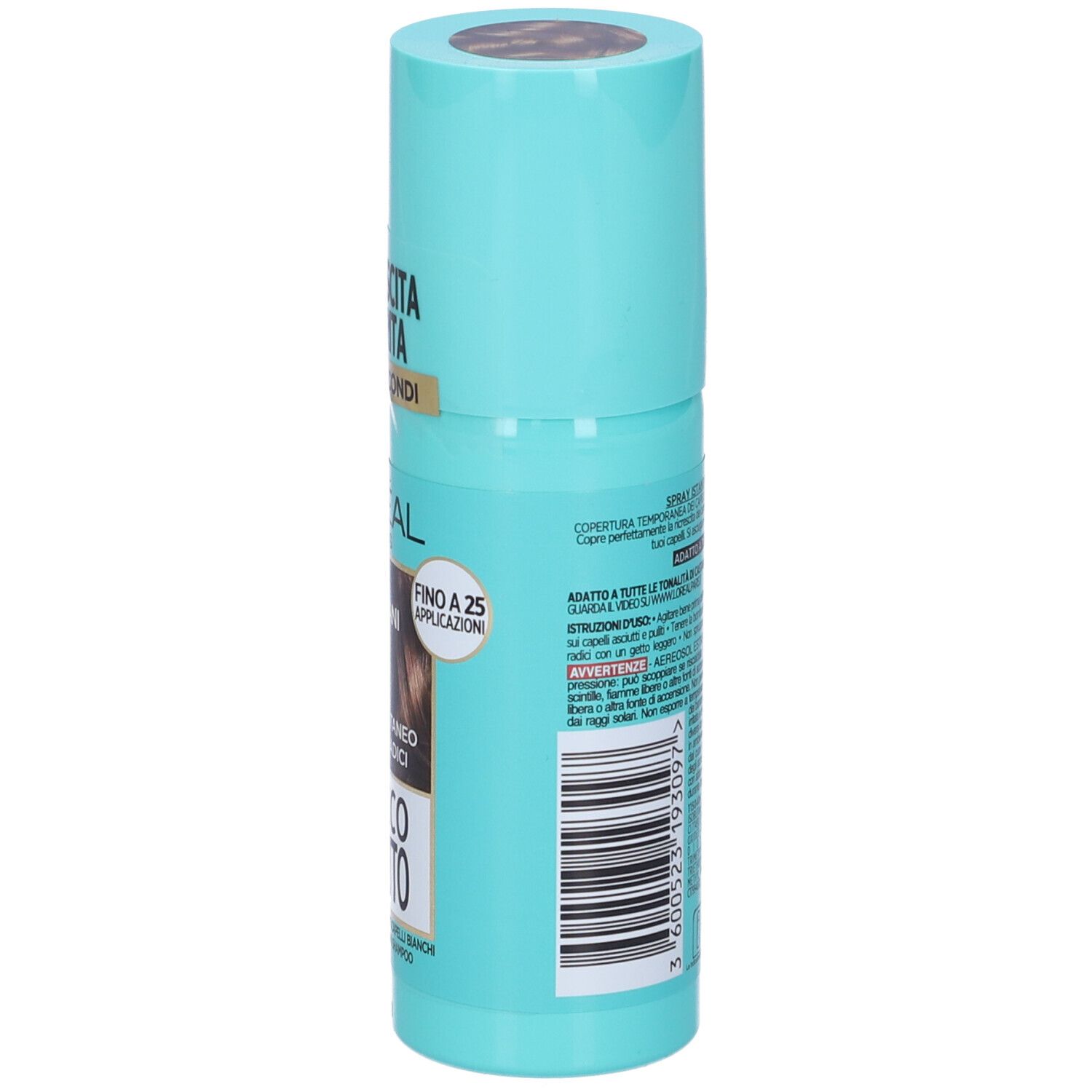 Spray L'Oréal Paris Ritocco Perfetto. Flacone turchese. Retro con testo ed esempi di colore. 75 ml.