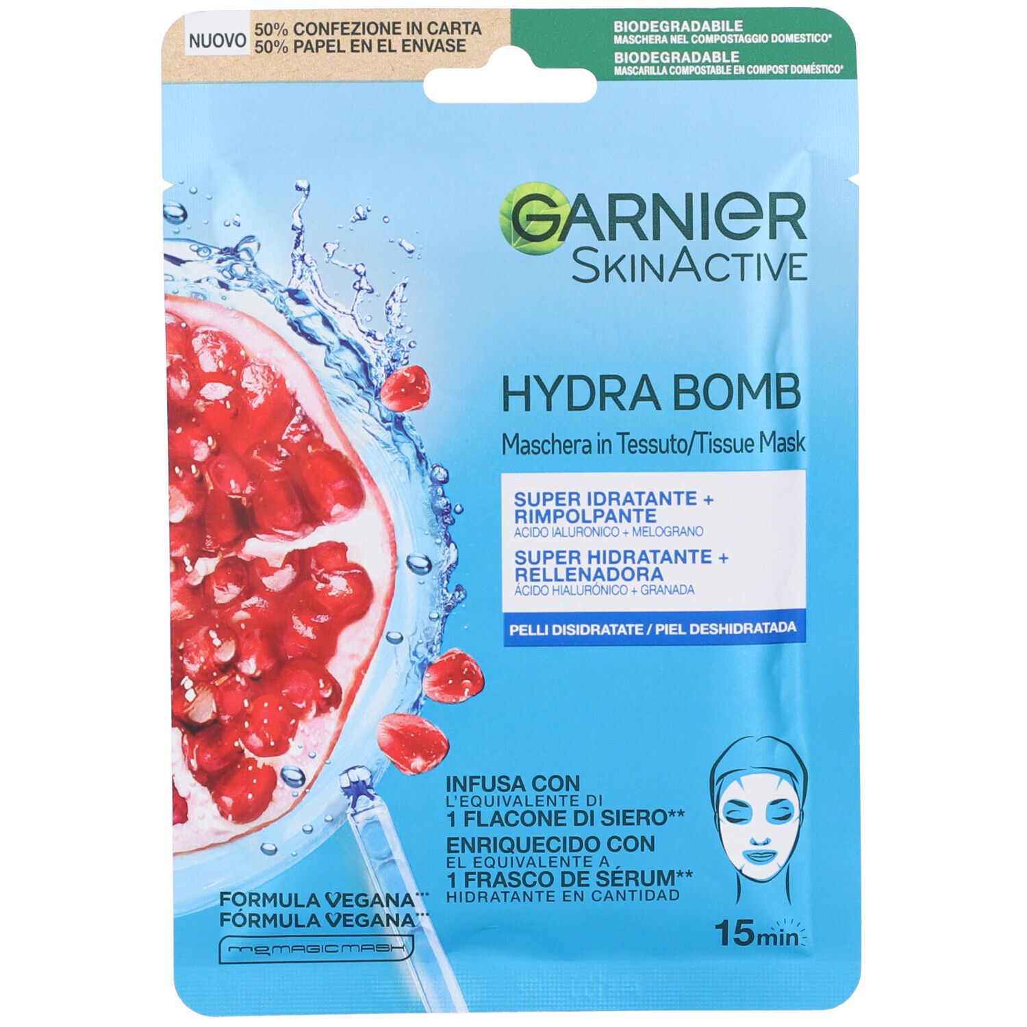 Image of Garnier Maschera in Tessuto HydraBomb, Formula Idratante ed Energizzante per Pelli da Dissetare, Melograno, 32 ml
