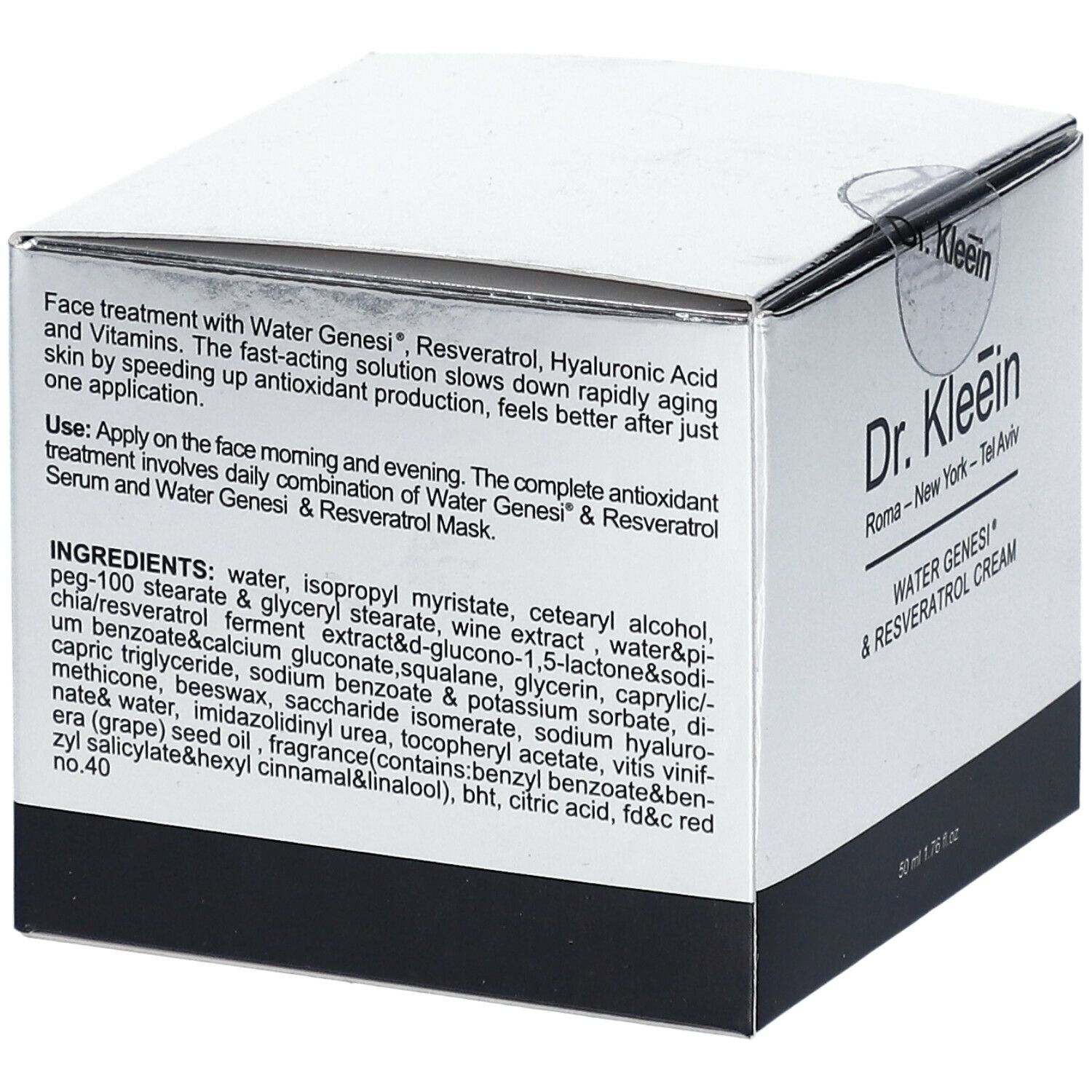 Scatola "Dr. Kleein WATER GENESI® & RESVERATOL CREAM". Confezione argento con testo e ingredienti. Base nera.