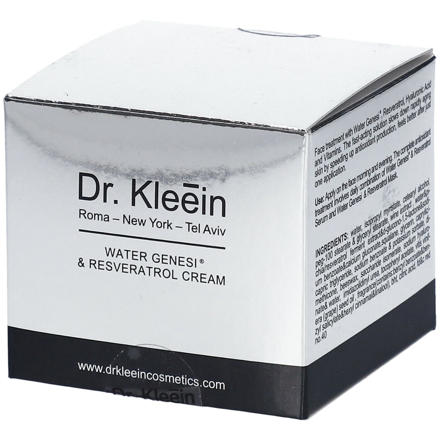 Scatola "Dr. Kleein WATER GENESI® & RESVERATOL CREAM". Confezione argento con testo. Base nera. Logo e nome del prodotto.