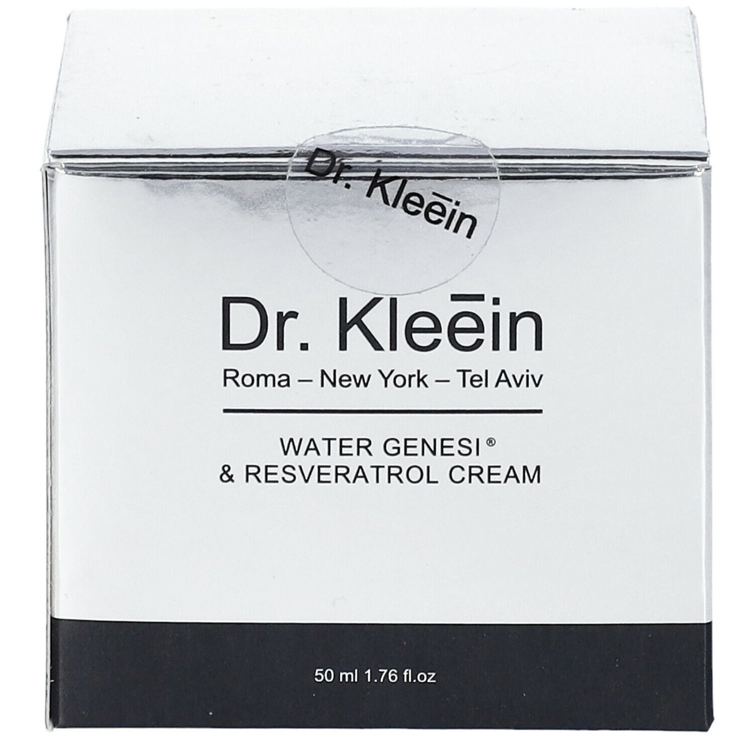 Scatola "Dr. Kleein WATER GENESI® & RESVERATOL CREAM". Confezione argento, base nera. Nome prodotto e logo ben visibili.