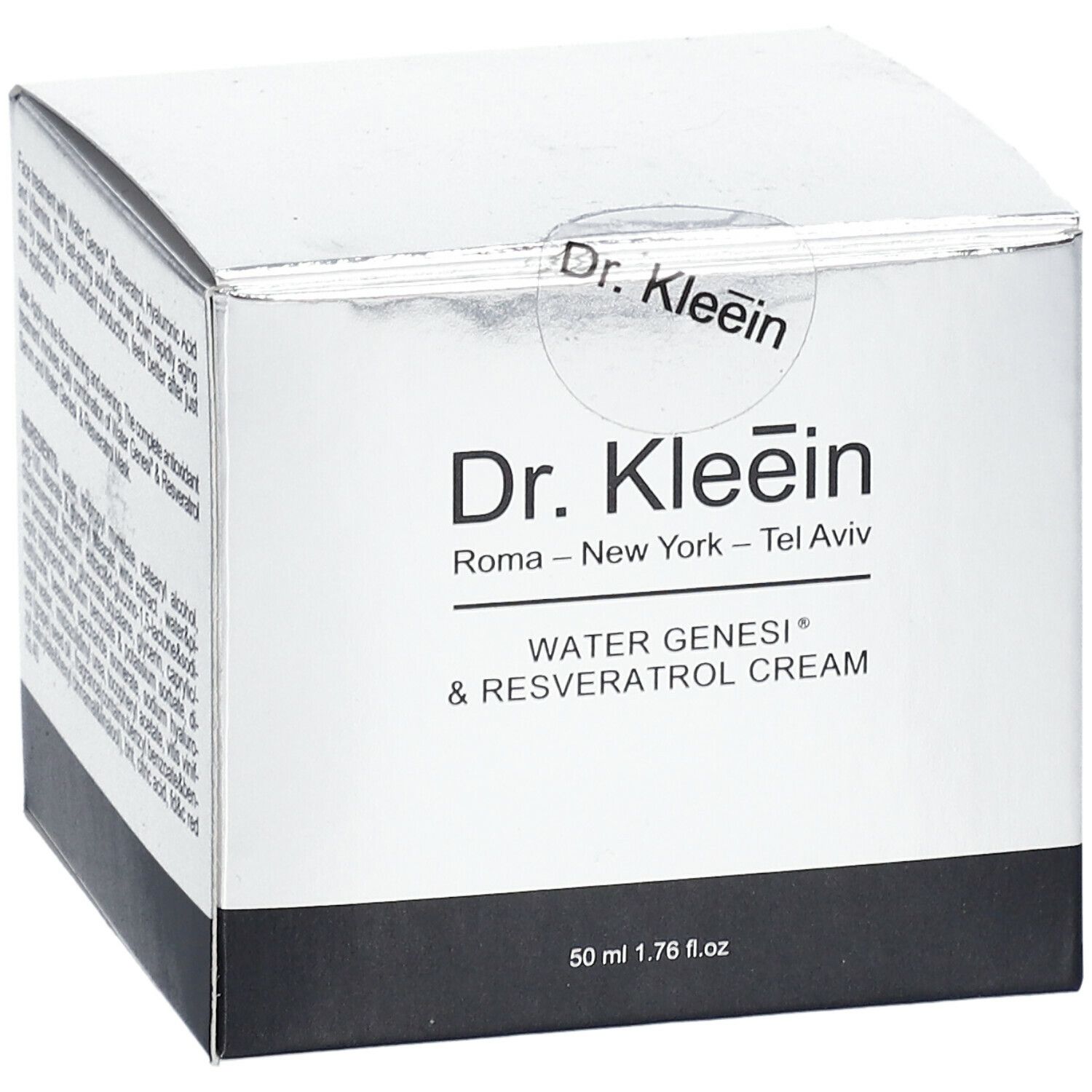 Scatola "Dr. Kleein WATER GENESI® & RESVERATOL CREAM". Confezione argento, base nera. Nome prodotto e logo ben visibili.