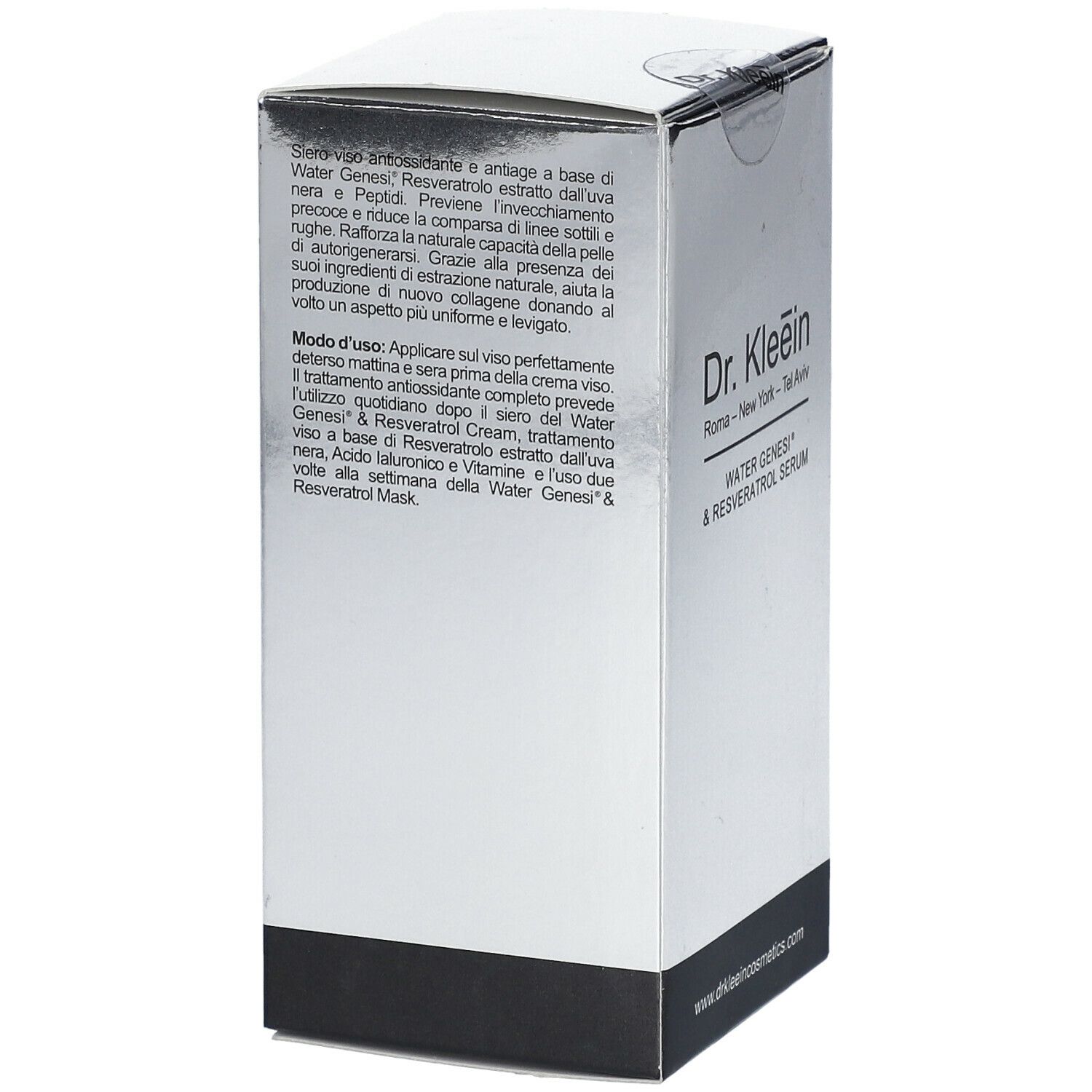 Confezione argento. Scritta: Dr. Kleein, WATER GENESI® & RESVERATOL SERUM. Testo in italiano.