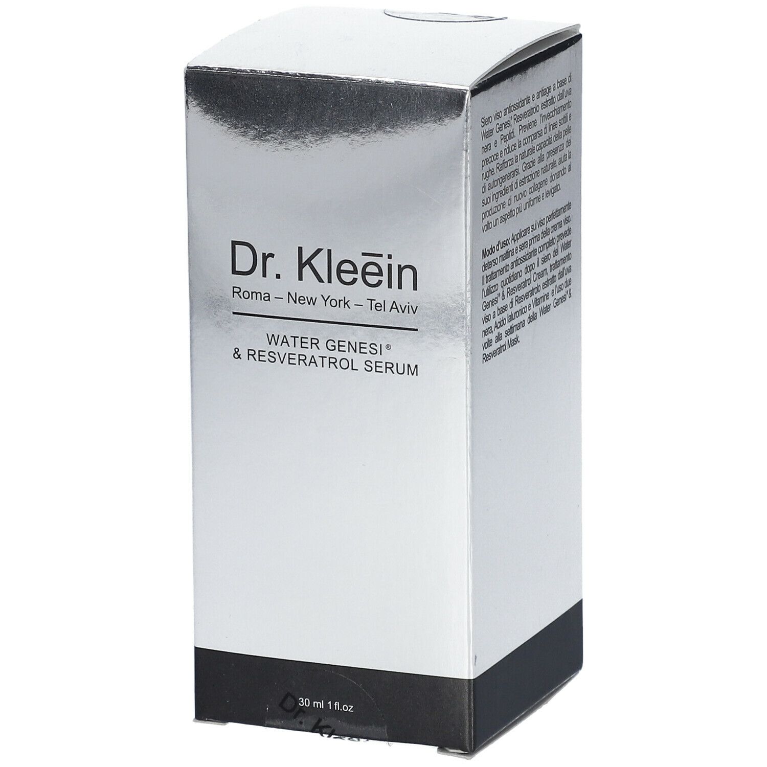 Confezione argento. Scritta: Dr. Kleein, WATER GENESI® & RESVERATOL SERUM. Volume: 30 ml.