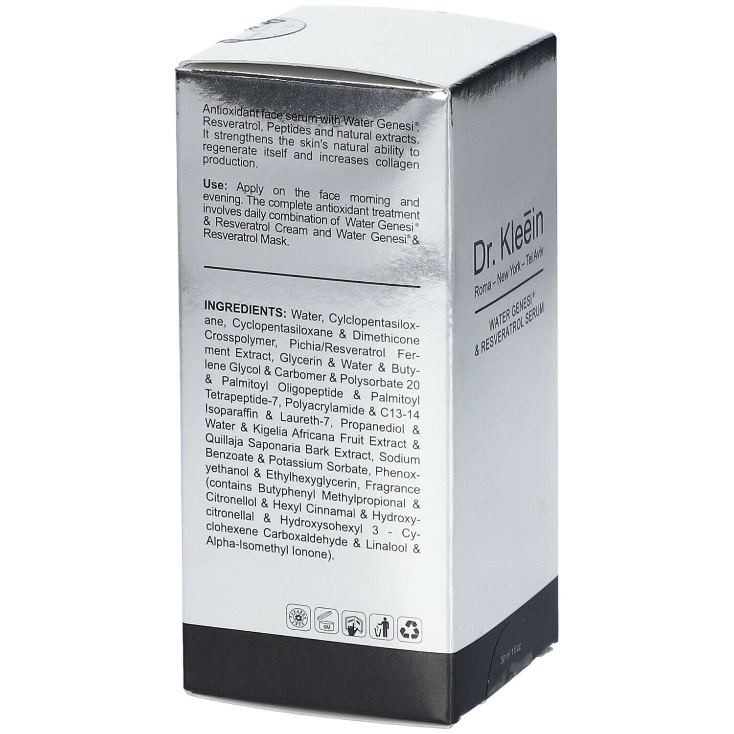 Confezione argento. Scritta: Dr. Kleein, WATER GENESI® & RESVERATOL SERUM. Ingredienti e uso.