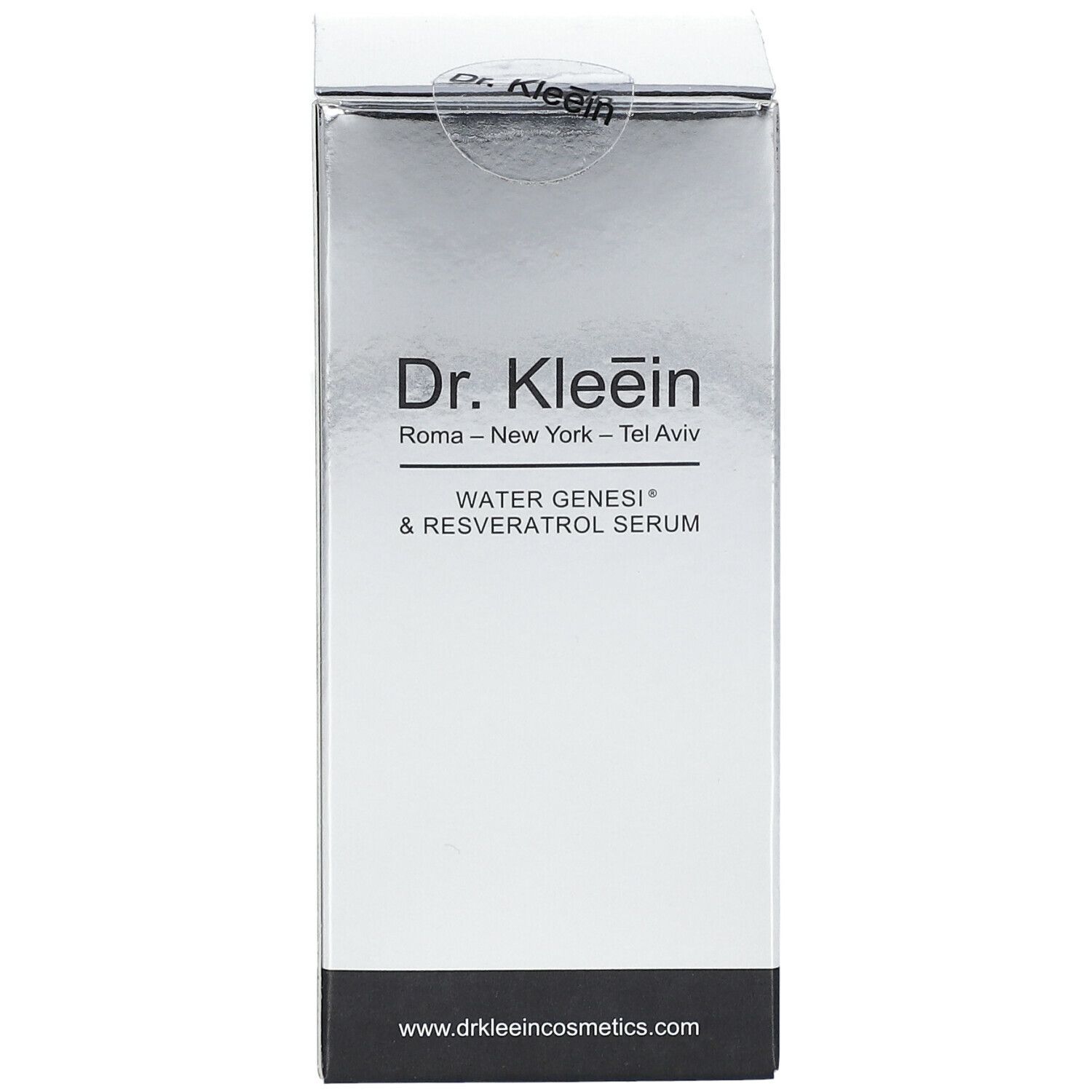 Confezione argento. Scritta: Dr. Kleein, WATER GENESI® & RESVERATOL SERUM. Logo e nome del prodotto.