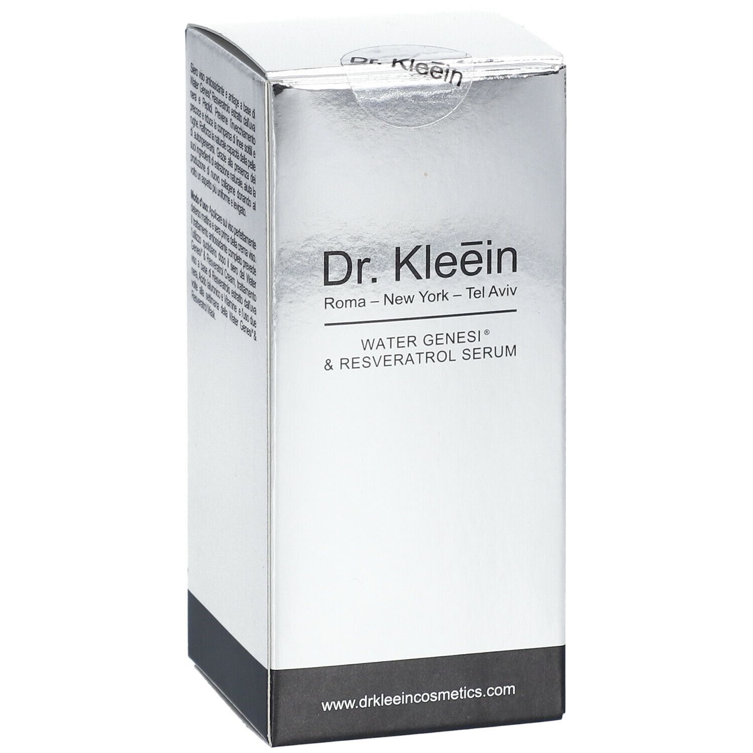 Confezione argento. Scritta: Dr. Kleein, WATER GENESI® & RESVERATOL SERUM. Logo e nome del prodotto.