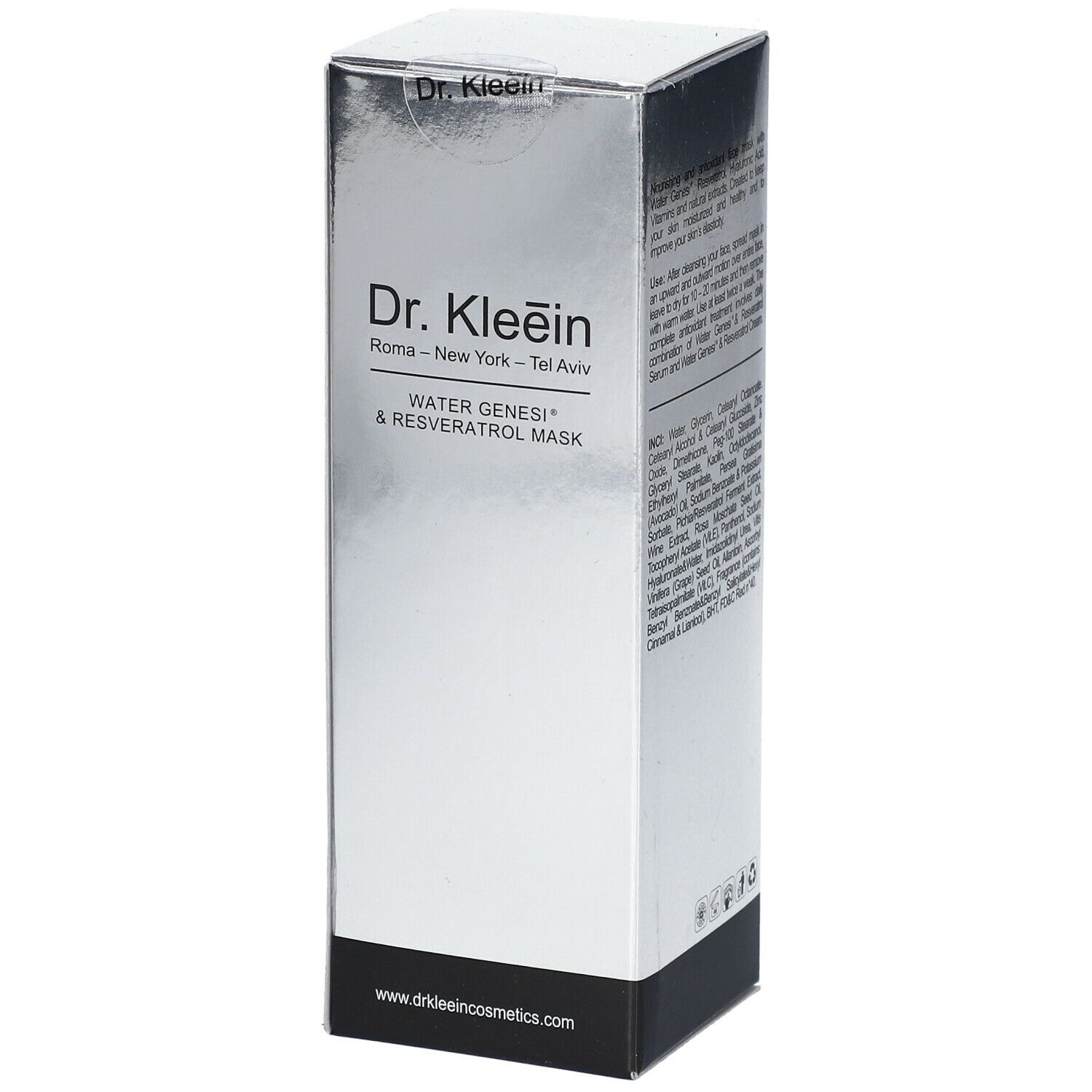 Confezione argento. Scritta: Dr. Kleein, WATER GENESI® & RESVERATROL MASK. Base nera.