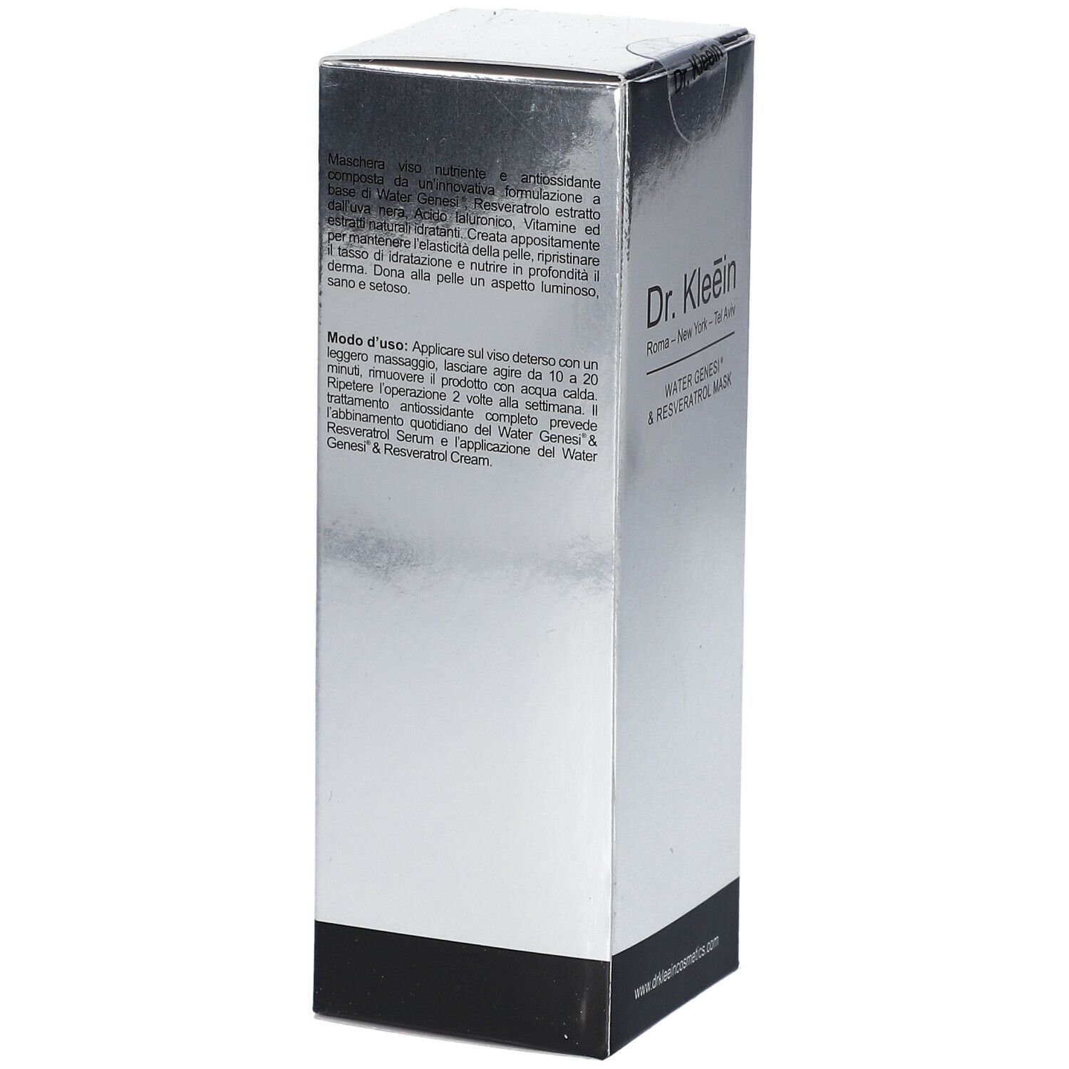 Confezione argento. Testo in italiano. Scritta: Dr. Kleein, WATER GENESI® & RESVERATROL MASK.