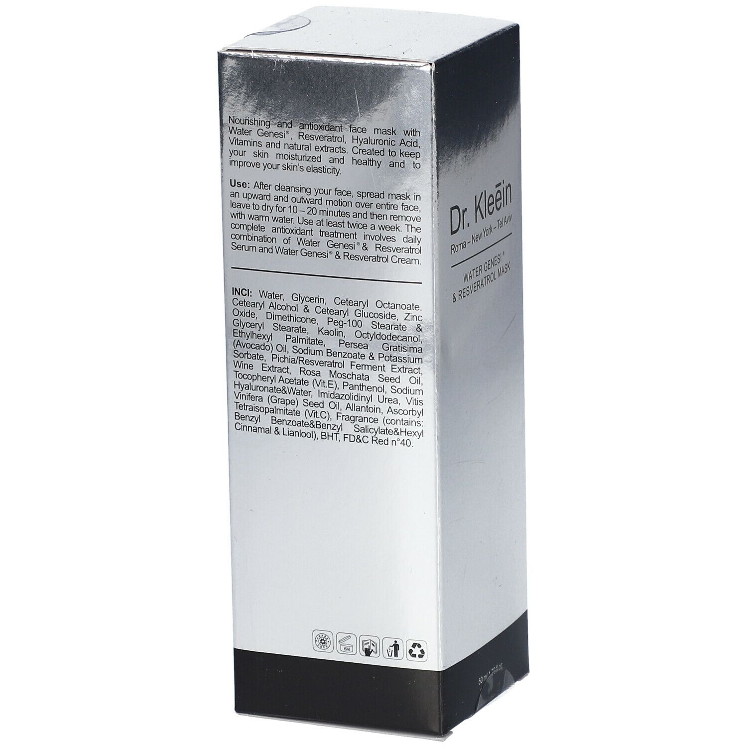 Confezione argento. Testo e ingredienti. Scritta: Dr. Kleein, WATER GENESI® & RESVERATROL MASK.