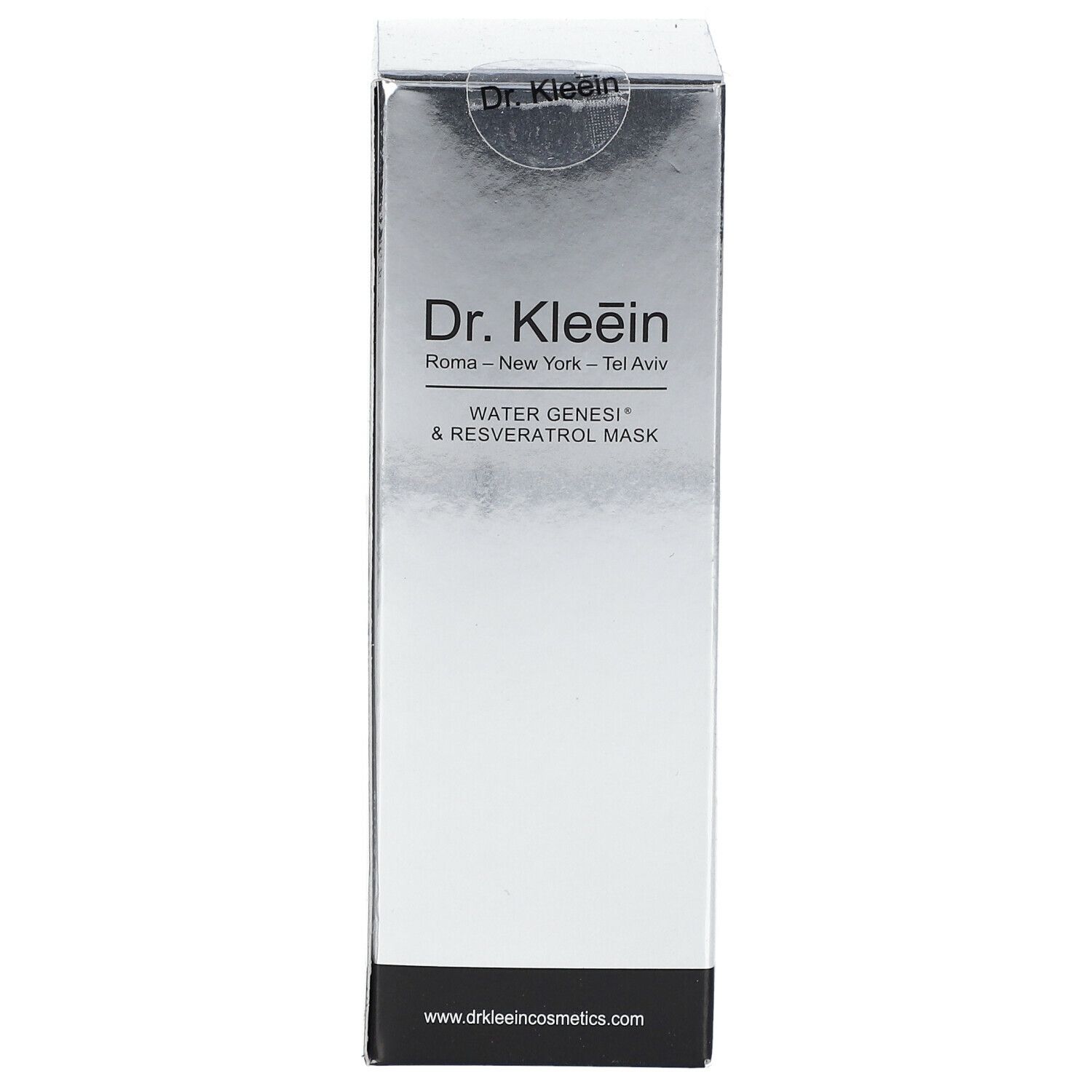Confezione argento. Scritta: Dr. Kleein, WATER GENESI® & RESVERATROL MASK. Logo.