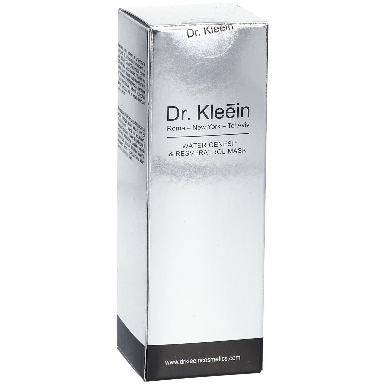 Confezione argento. Testo. Scritta: Dr. Kleein, WATER GENESI® & RESVERATROL MASK.