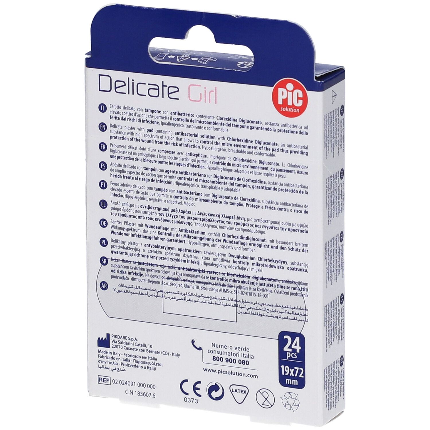 Rückseite der Verpackung mit Pflastern für Mädchen. Enthält Informationen und Größenangaben: 19x72mm.