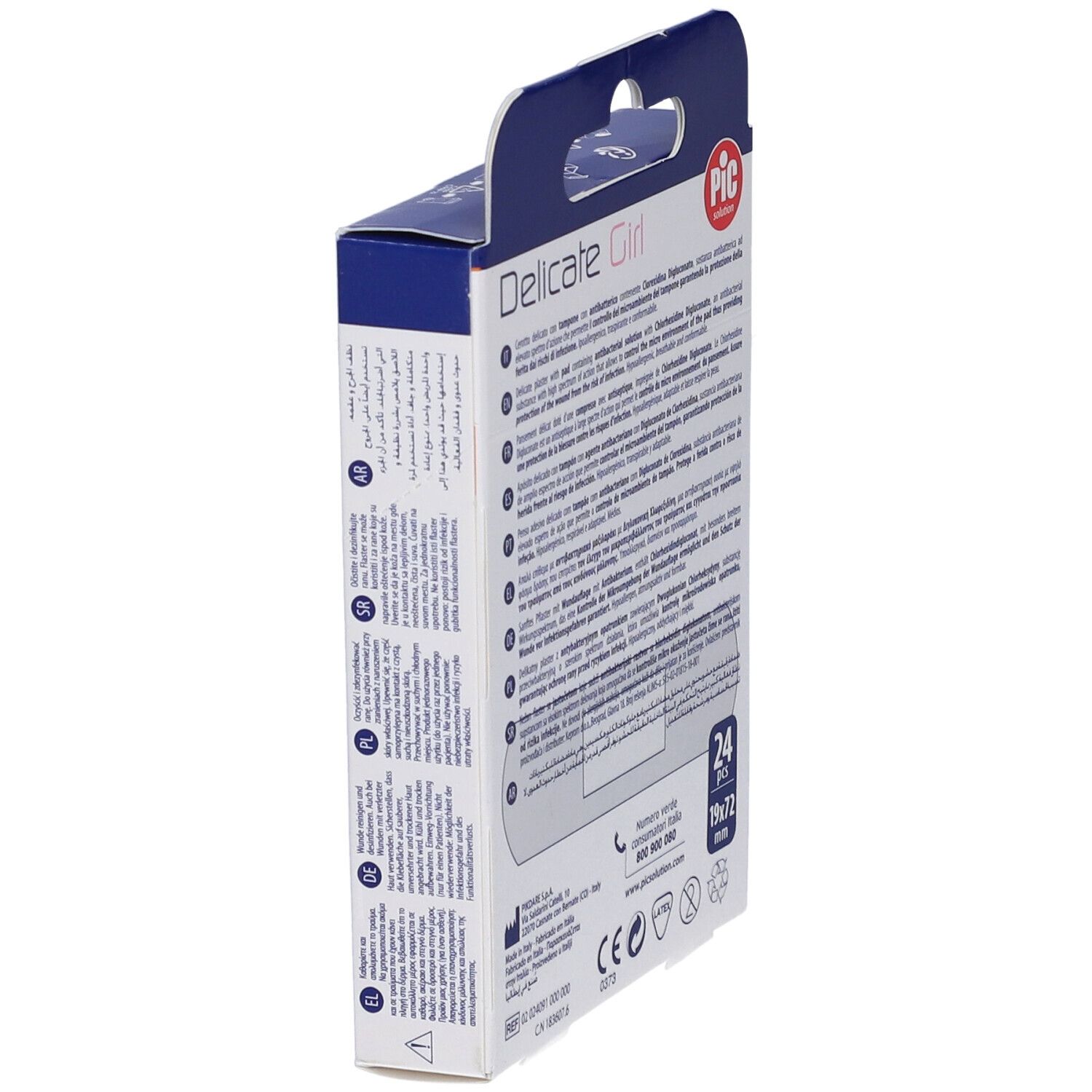 Seite der Verpackung mit Pflastern für Mädchen. Enthält Informationen und Größenangaben: 19x72mm.