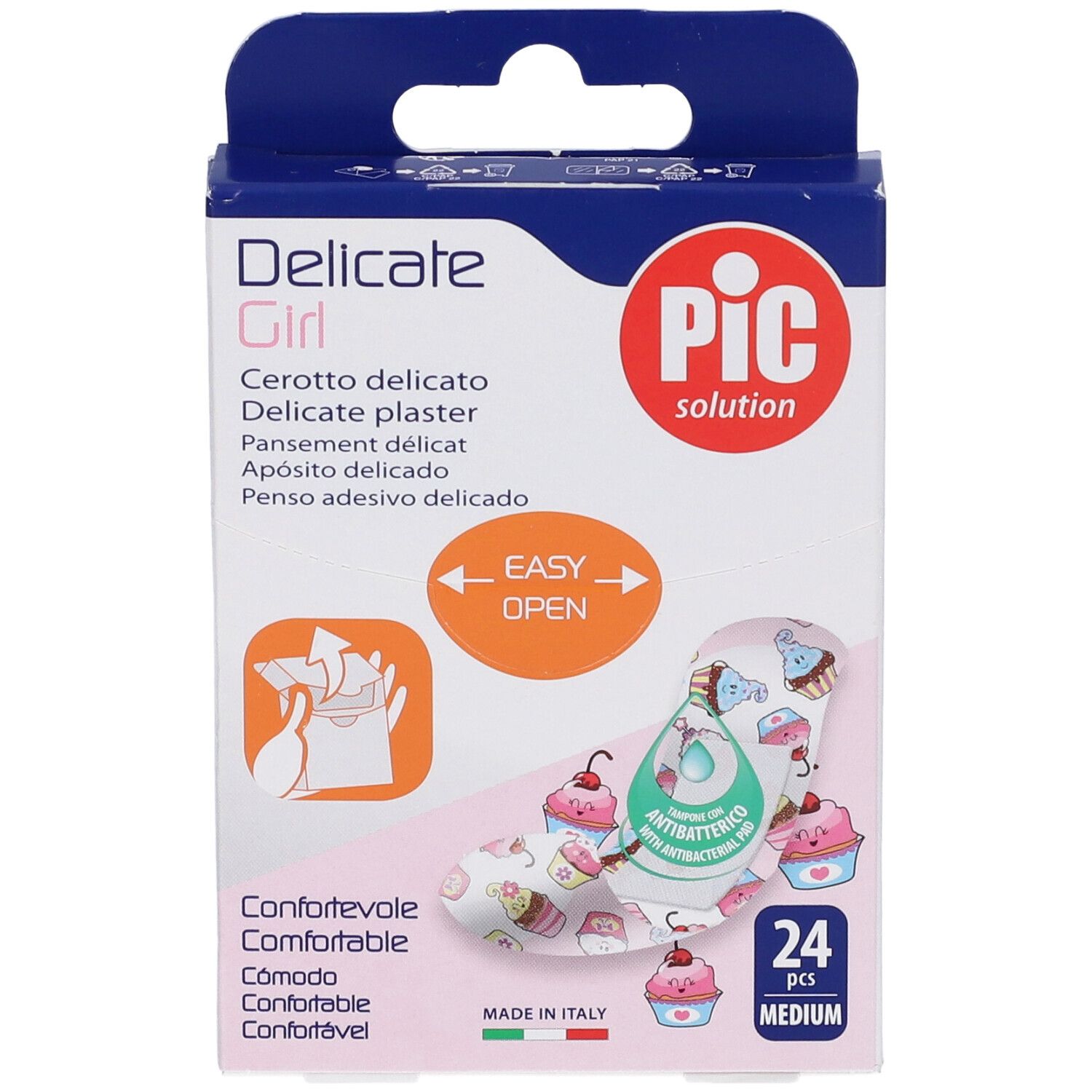 Verpackung mit Pflastern für Mädchen. Enthält 24 Stück, Größe Medium. Marke PIC Solution, mit Cupcake-Motiv.