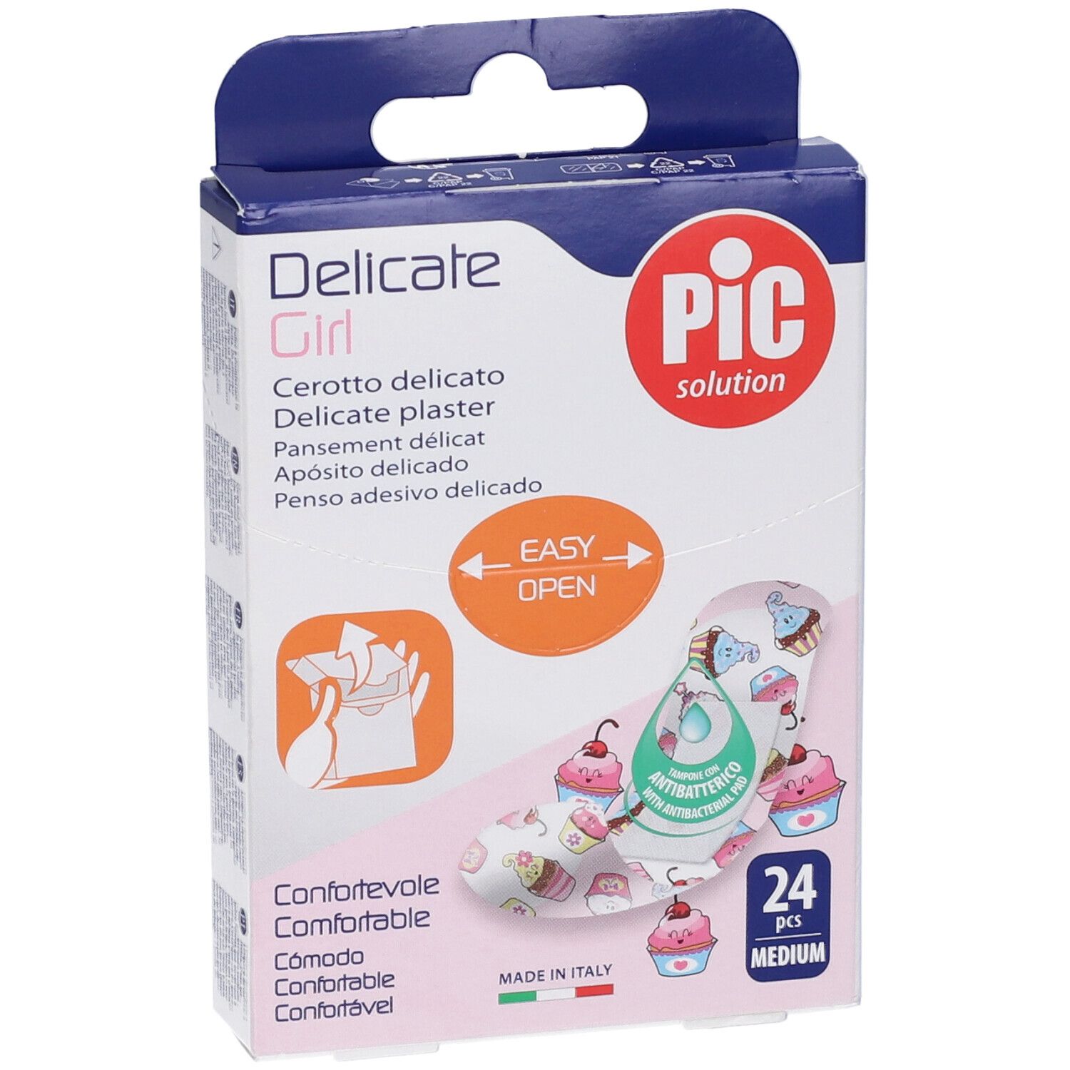 Verpackung mit Pflastern für Mädchen. Enthält 24 Stück, Größe Medium. Marke PIC Solution, mit Cupcake-Motiv.