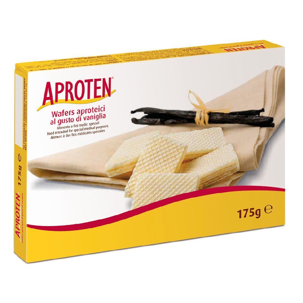 Scatola gialla con wafer, baccelli di vaniglia e testo. Scritto: APROTEN, Wafers. 175g.