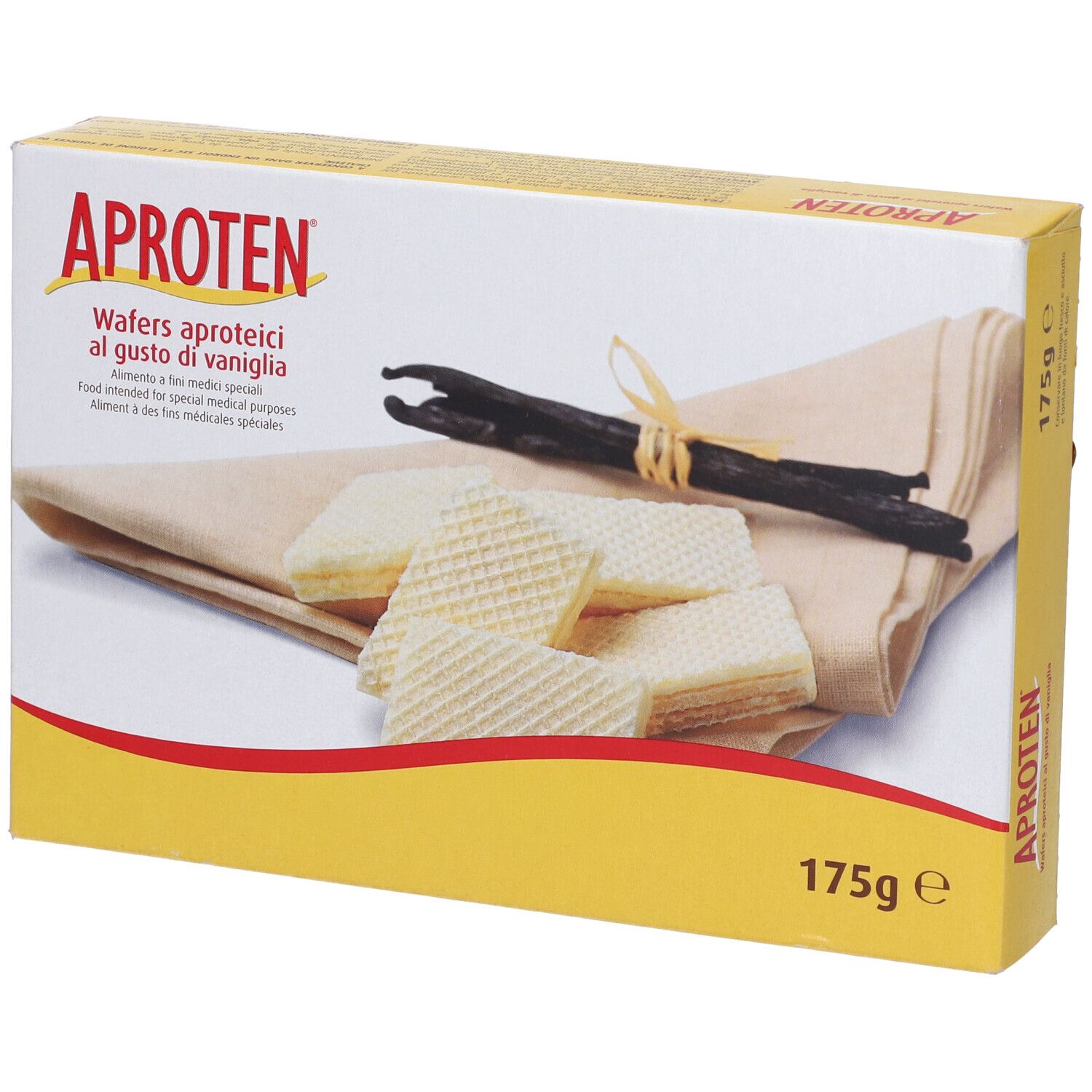 Scatola gialla con wafer, baccelli di vaniglia e testo. Scritto: APROTEN, Wafers. 175g.