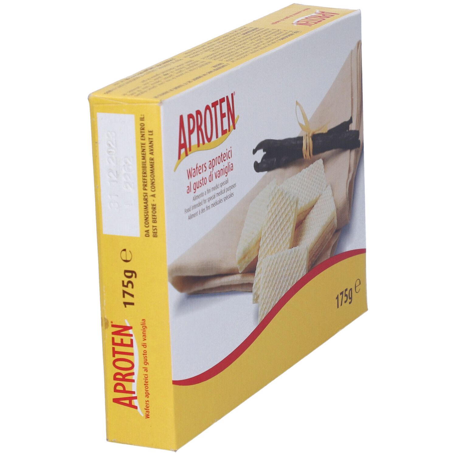 Scatola gialla con wafer, baccelli di vaniglia e testo. Scritto: APROTEN, Wafers. 175g.