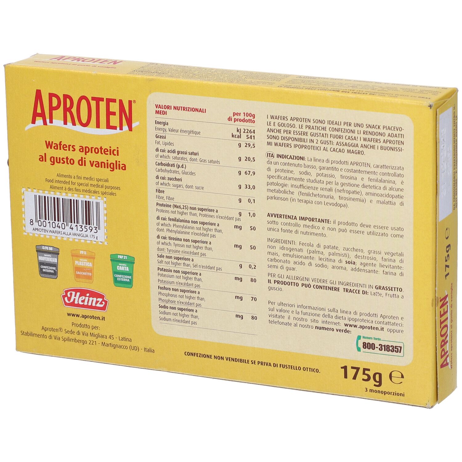 Retro della scatola gialla con testo e informazioni nutrizionali. Scritto: APROTEN, Wafers. 175g.