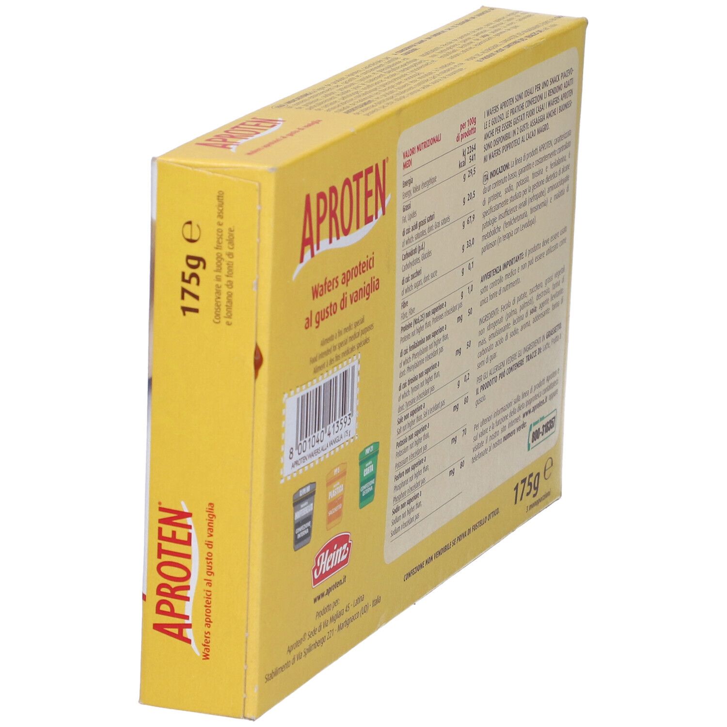 Scatola gialla con testo e informazioni nutrizionali. Scritto: APROTEN, Wafers. 175g.
