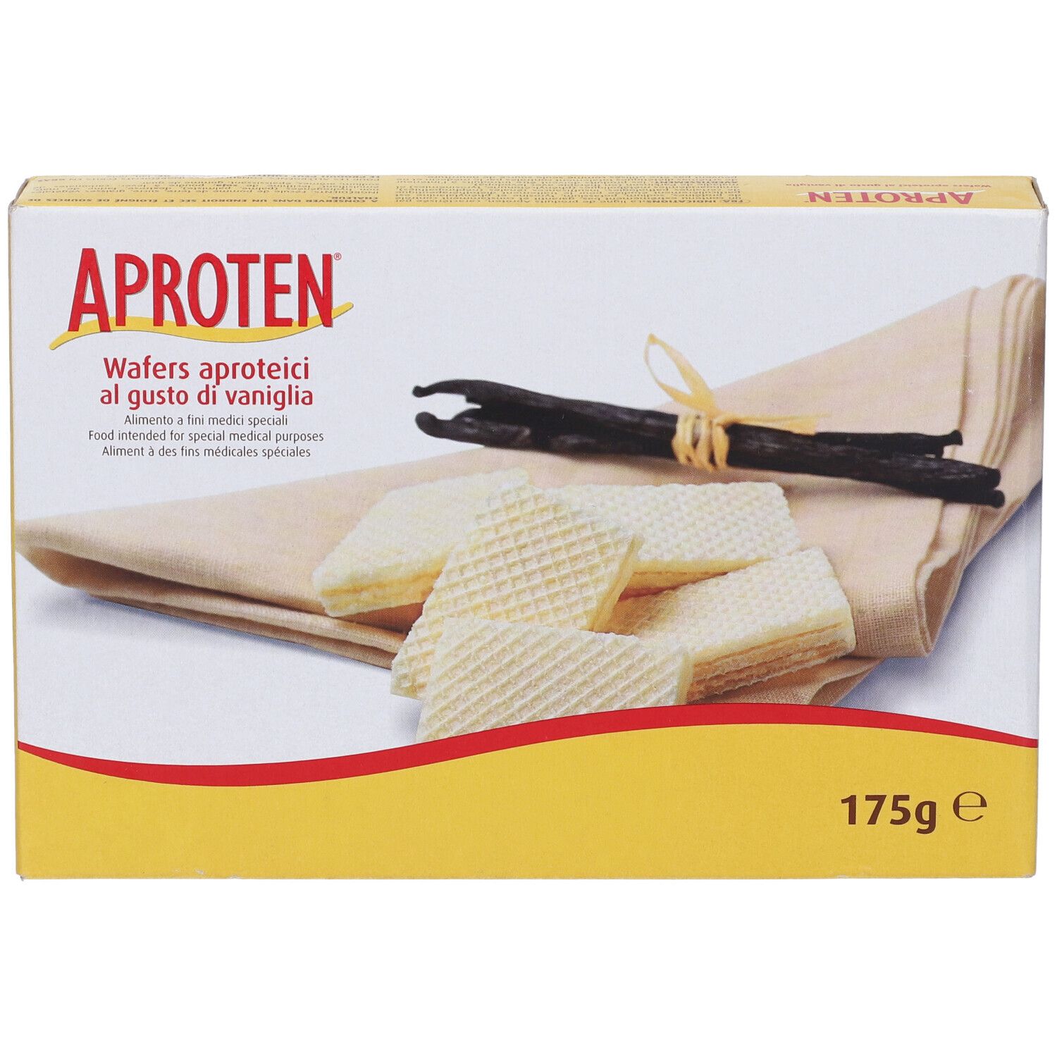 Scatola gialla con wafer, baccelli di vaniglia e testo. Scritto: APROTEN, Wafers. 175g.