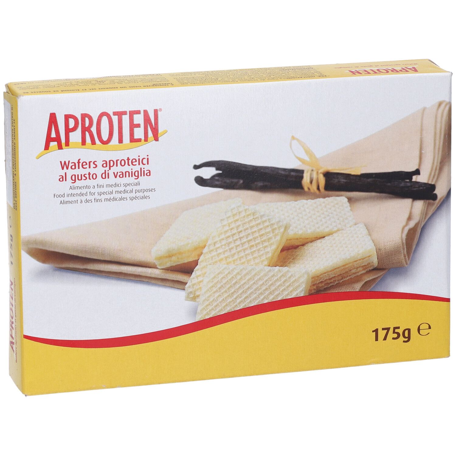 Scatola gialla con wafer, baccelli di vaniglia e testo. Scritto: APROTEN, Wafers. 175g.