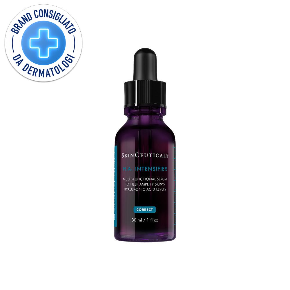 Flacone viola con contagocce nero. SkinCeuticals H.A. Intensifier. Logo "Brand consigliato da dermatologi".