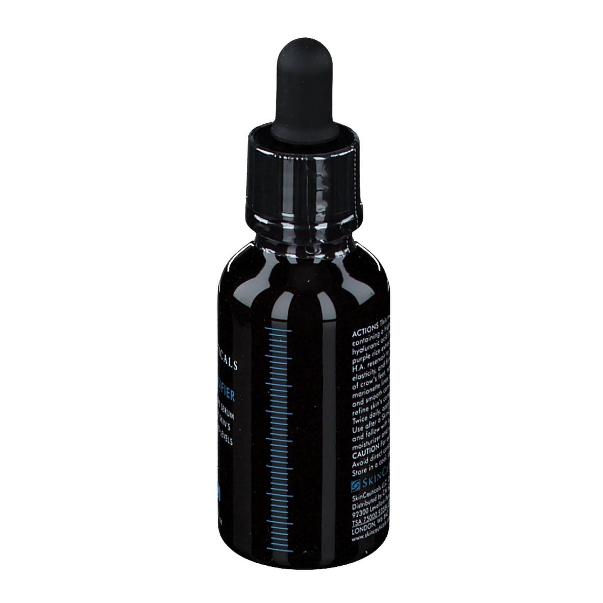 Flacone nero con contagocce nero. SkinCeuticals H.A. Intensifier. Retro con informazioni sul prodotto.