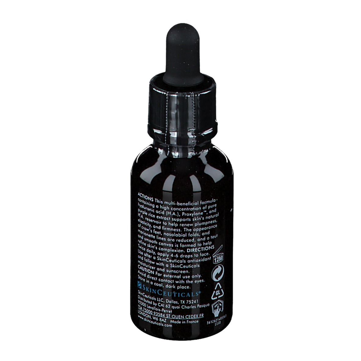Flacone nero con contagocce nero. SkinCeuticals H.A. Intensifier. Retro con informazioni e avvertenze.