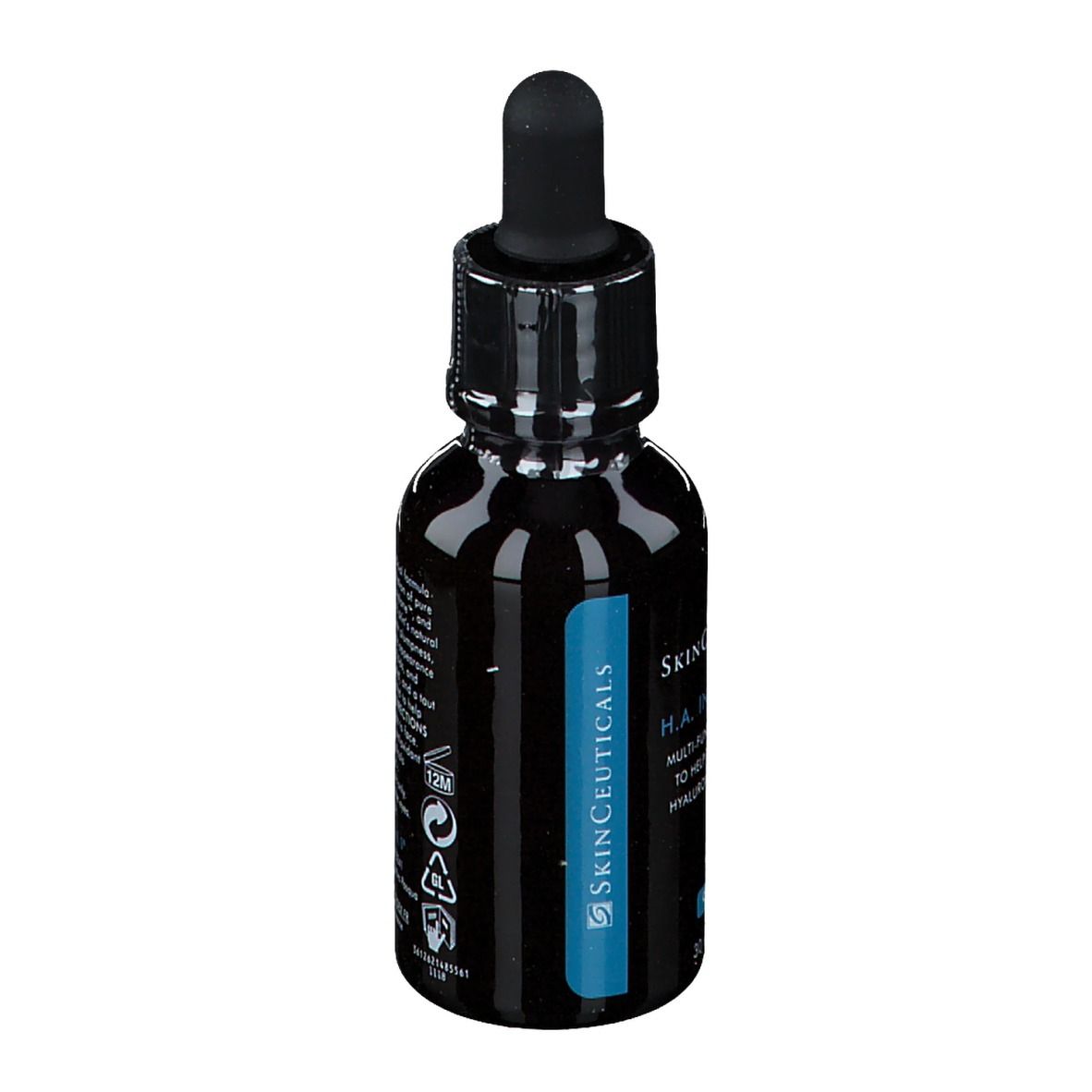 Flacone nero con contagocce nero. SkinCeuticals H.A. Intensifier. Informazioni sul prodotto sul lato.