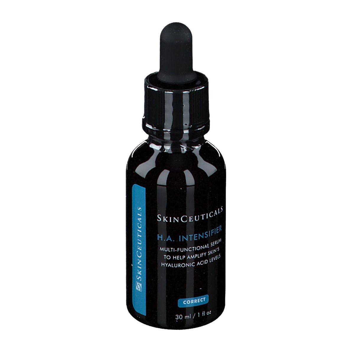 Flacone nero con contagocce nero. SkinCeuticals H.A. Intensifier. Informazioni sul prodotto sul lato.