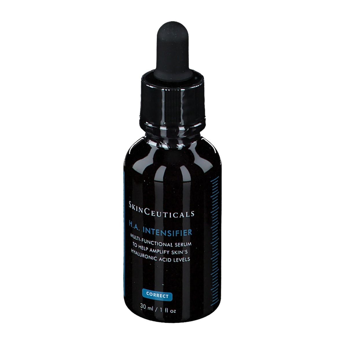 Flacone nero con contagocce nero. SkinCeuticals H.A. Intensifier. Informazioni sul prodotto sul lato.