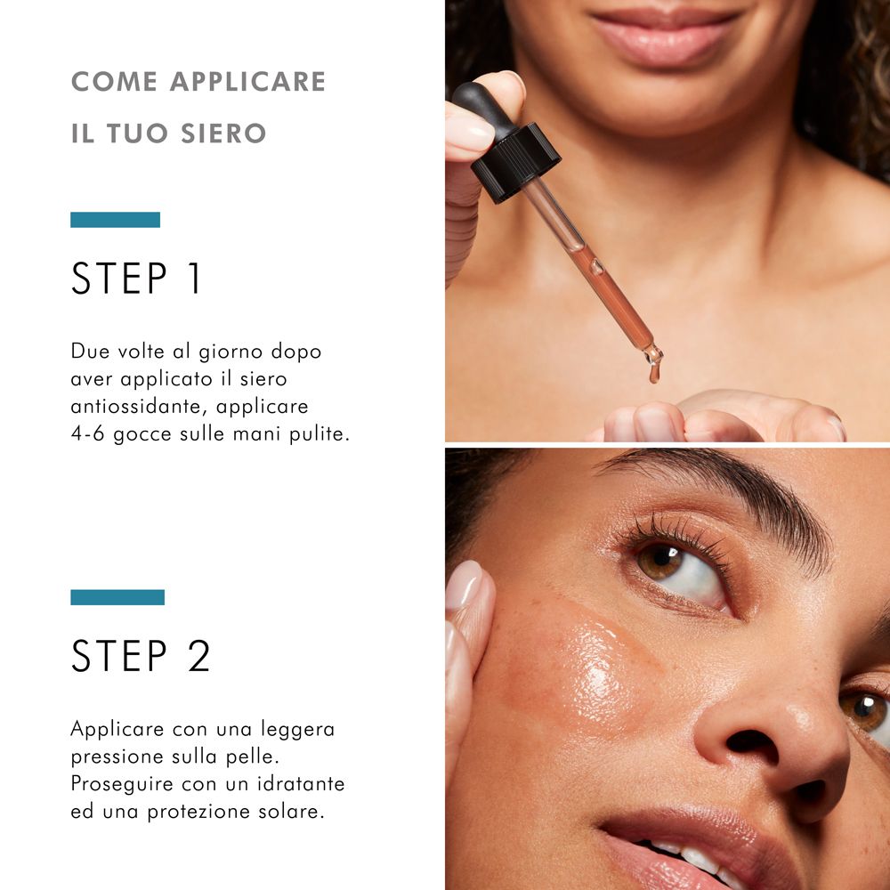 Applicazione del siero. Passo 1: applicare 4-6 gocce sulle mani pulite. Passo 2: applicare con una leggera pressione sulla pelle.