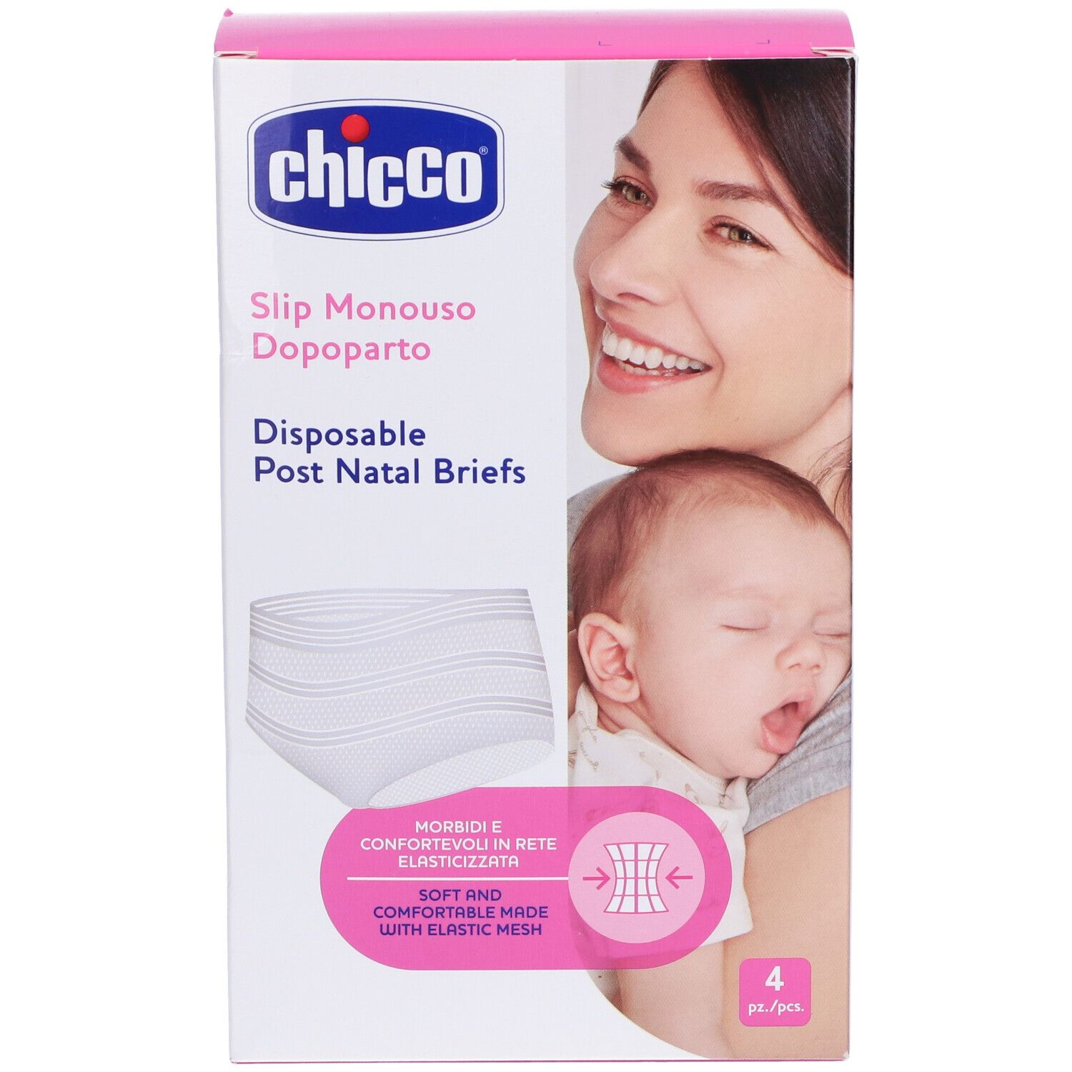 Chicco Slip Monouso Dopo Parto. Weiße Einweg-Postnatal-Slips. Verpackung mit 4 Stück. Abbildung einer Mutter mit Baby.