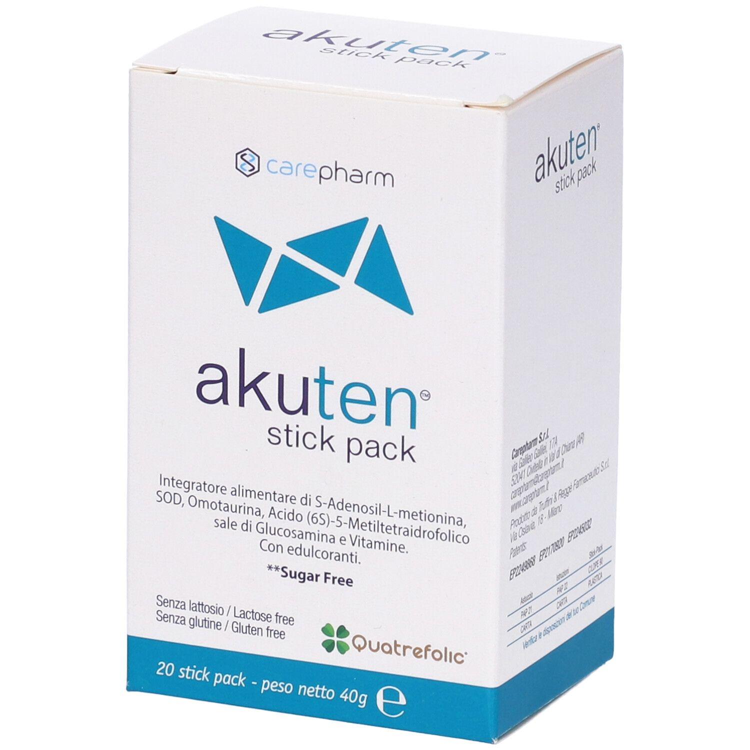 Akuten Stick Pack, scatola bianca con logo e testo blu. Contiene 20 stick. Senza zucchero. Ingredienti e valori nutrizionali.