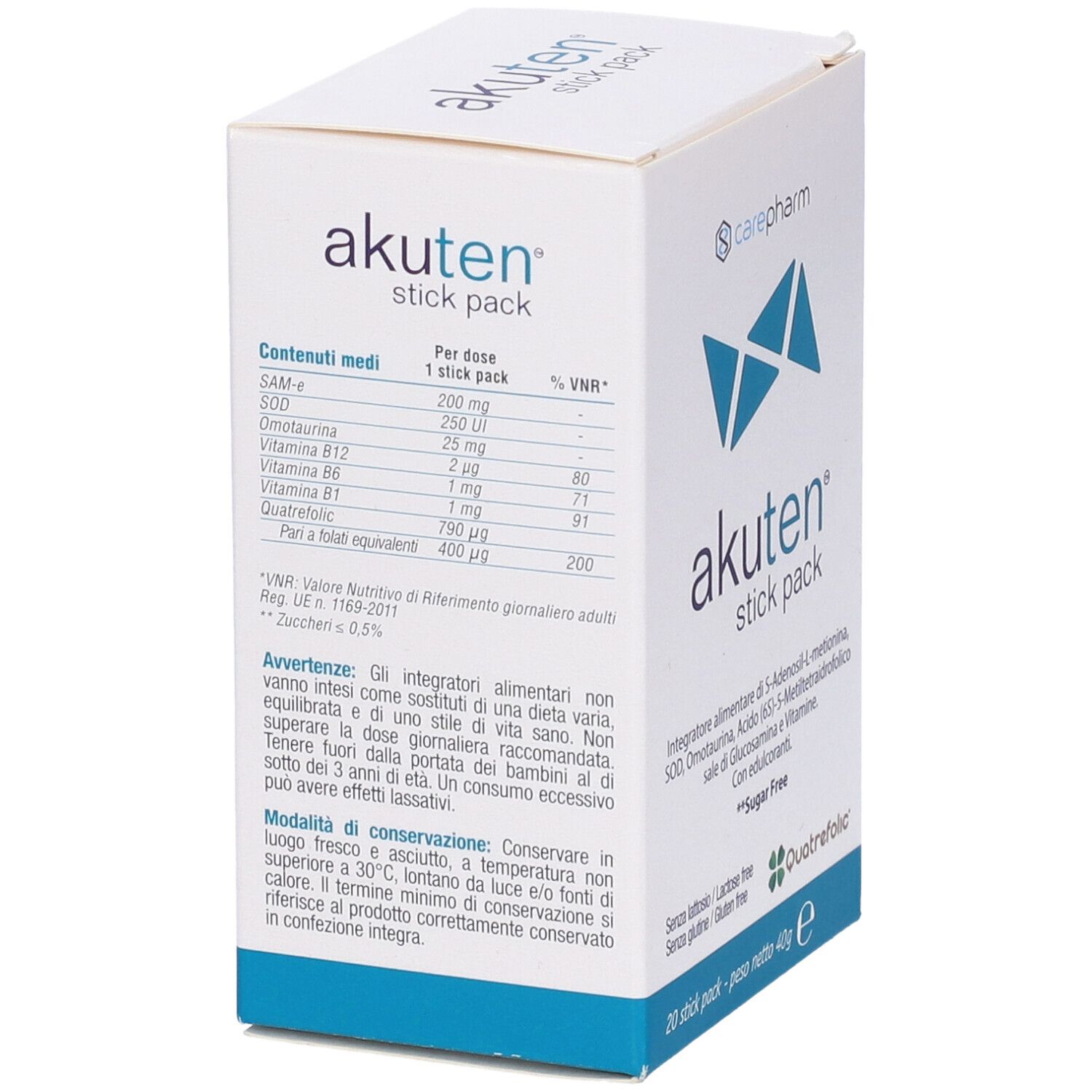 Akuten Stick Pack, scatola bianca con informazioni. Tabella nutrizionale e ingredienti. Contiene 20 stick. Senza zucchero.