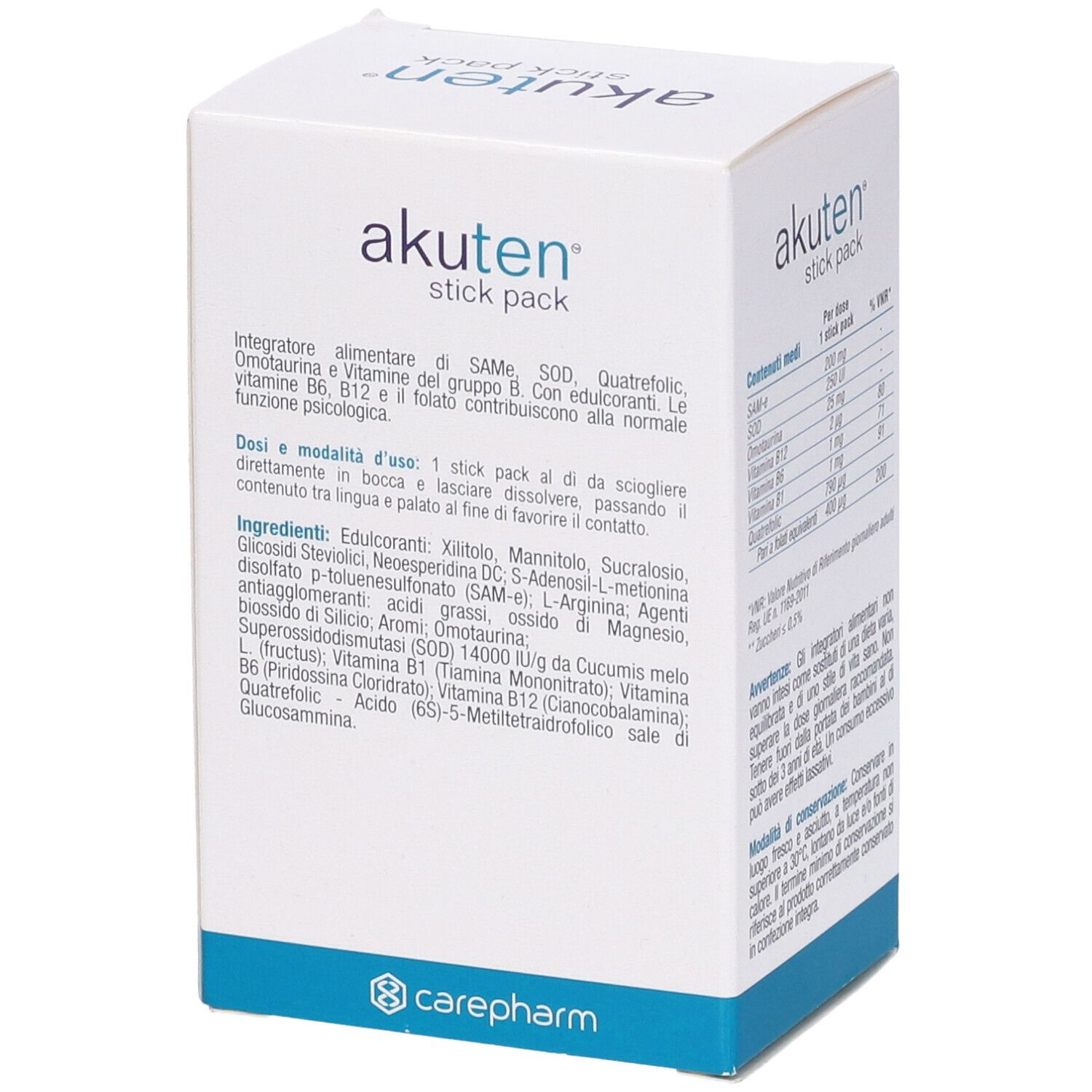 Akuten Stick Pack, scatola bianca con ingredienti e istruzioni. Contiene 20 stick. Senza zucchero.