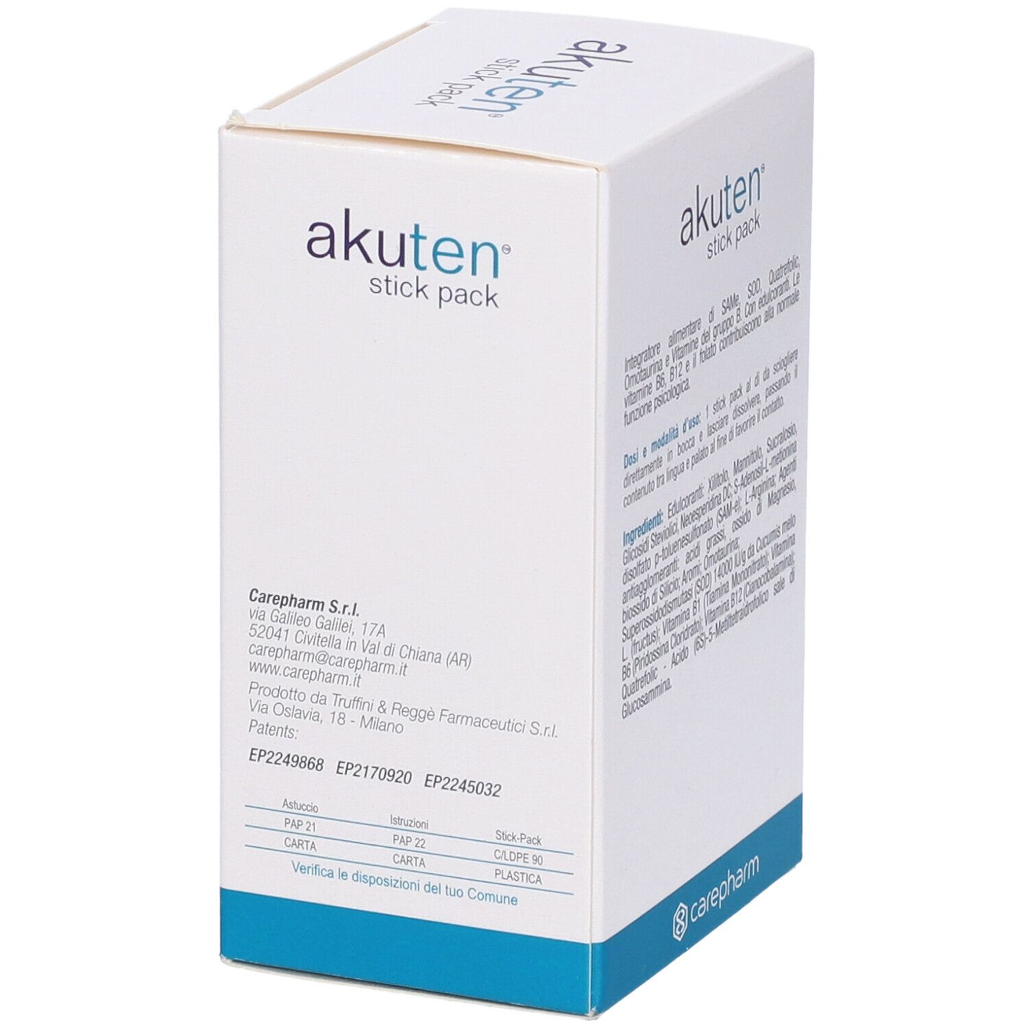 Akuten Stick Pack, scatola bianca con informazioni produttore. Contiene 20 stick. Senza zucchero. Logo e indirizzo.