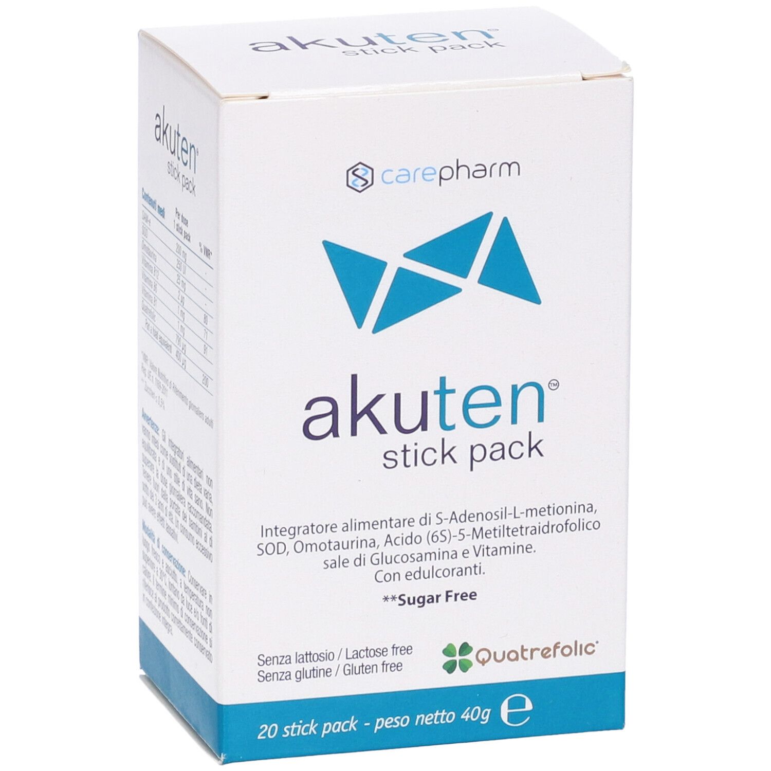 Akuten Stick Pack, scatola bianca con logo e testo blu. Contiene 20 stick. Senza zucchero. Ingredienti e valori nutrizionali.