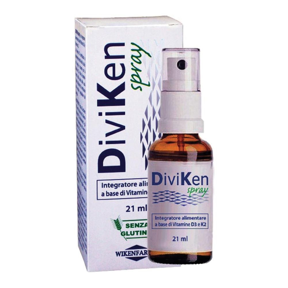Flacone spray marrone con erogatore bianco e scatola. Scritta: DiviKen spray, 21 ml, senza glutine.