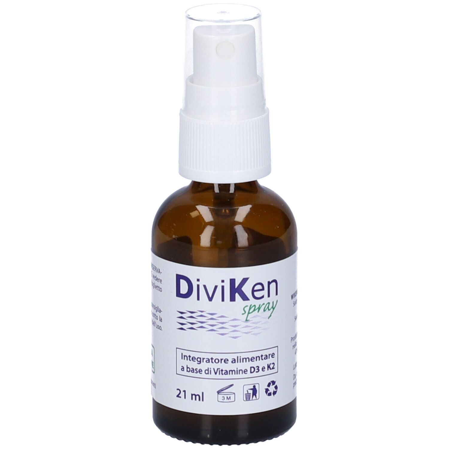 Flacone spray marrone con erogatore bianco. Scritta: DiviKen spray, 21 ml, integratore con Vit. D3 & K2.