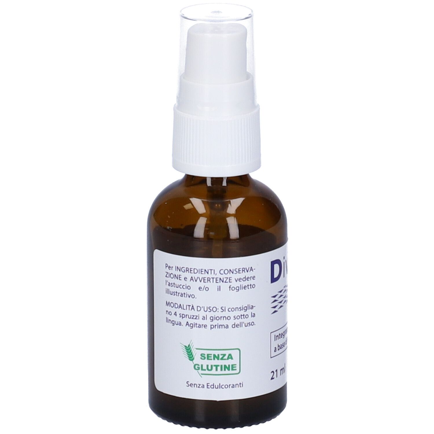 Flacone spray marrone con erogatore bianco. Scritta: DiviKen spray, 21 ml, integratore con Vit. D3 & K2.