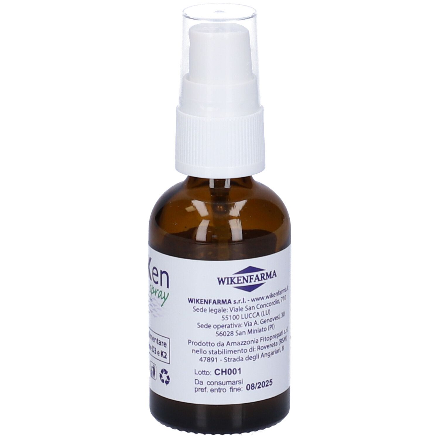 Flacone spray marrone con erogatore bianco. Scritta: DiviKen spray, 21 ml, integratore con Vit. D3 & K2.