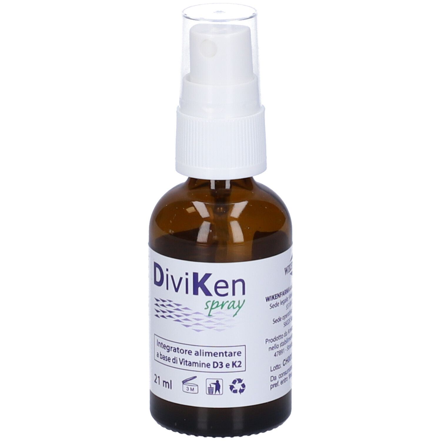 Flacone spray marrone con erogatore bianco. Scritta: DiviKen spray, 21 ml, integratore con Vit. D3 & K2.