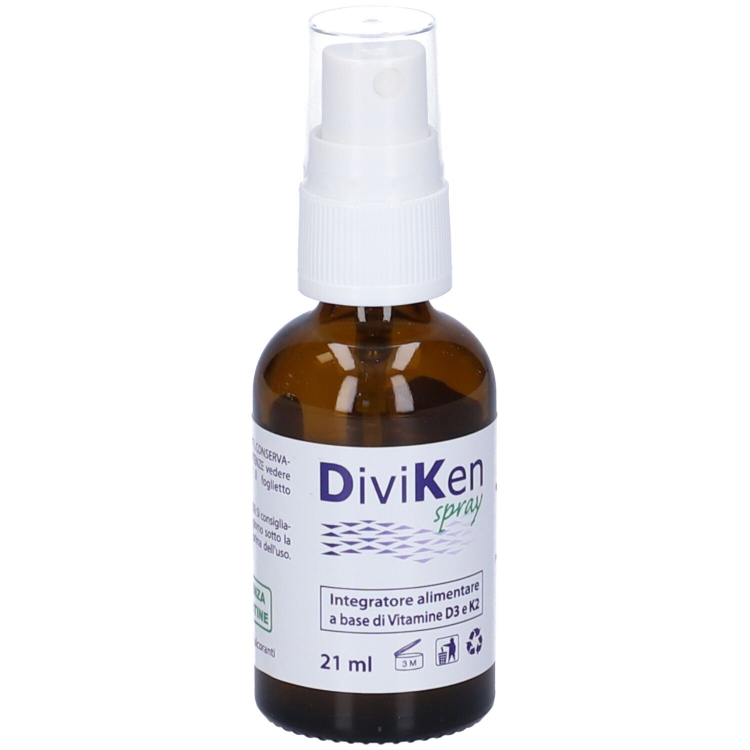 Flacone spray marrone con erogatore bianco. Scritta: DiviKen spray, 21 ml, integratore con Vit. D3 & K2.