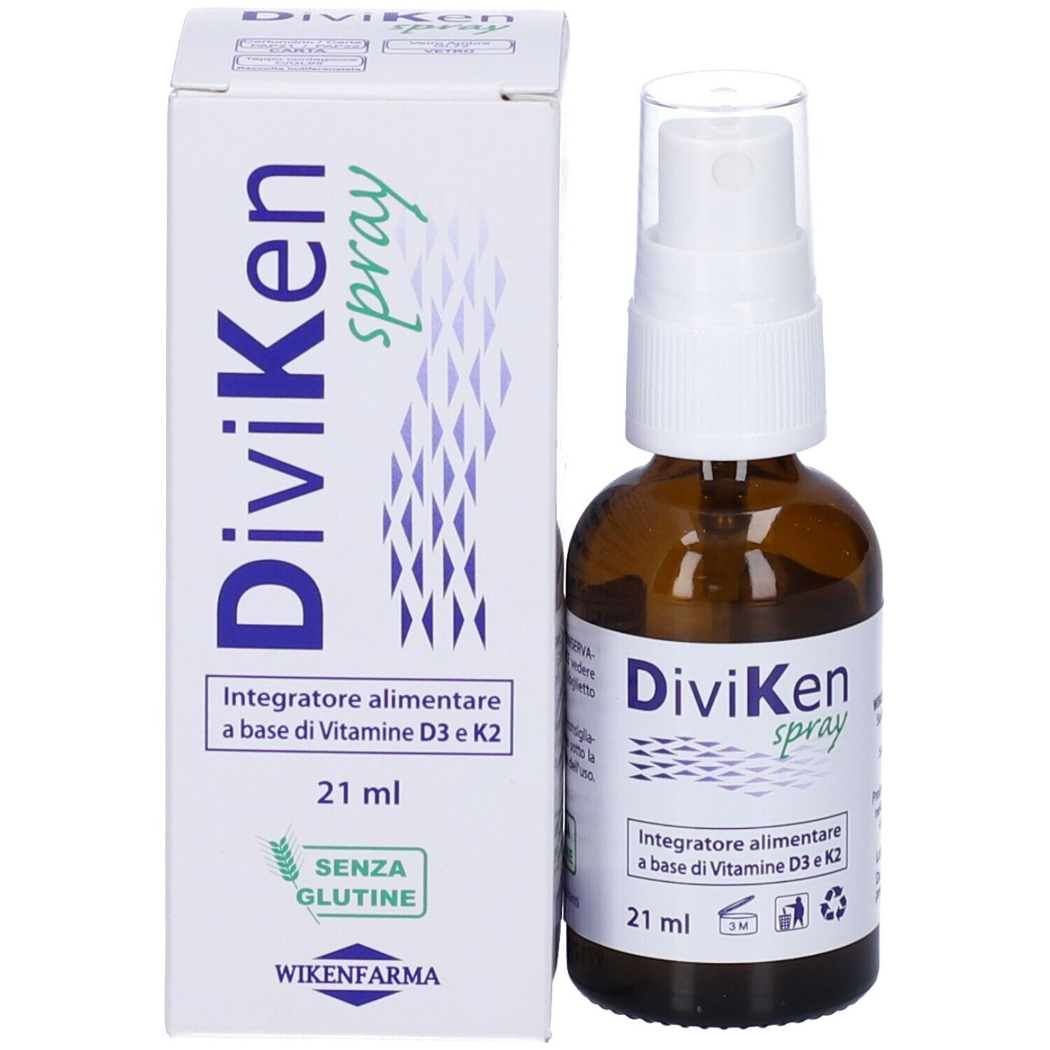 Flacone spray marrone con erogatore bianco e scatola. Scritta: DiviKen spray, 21 ml, senza glutine, integratore.